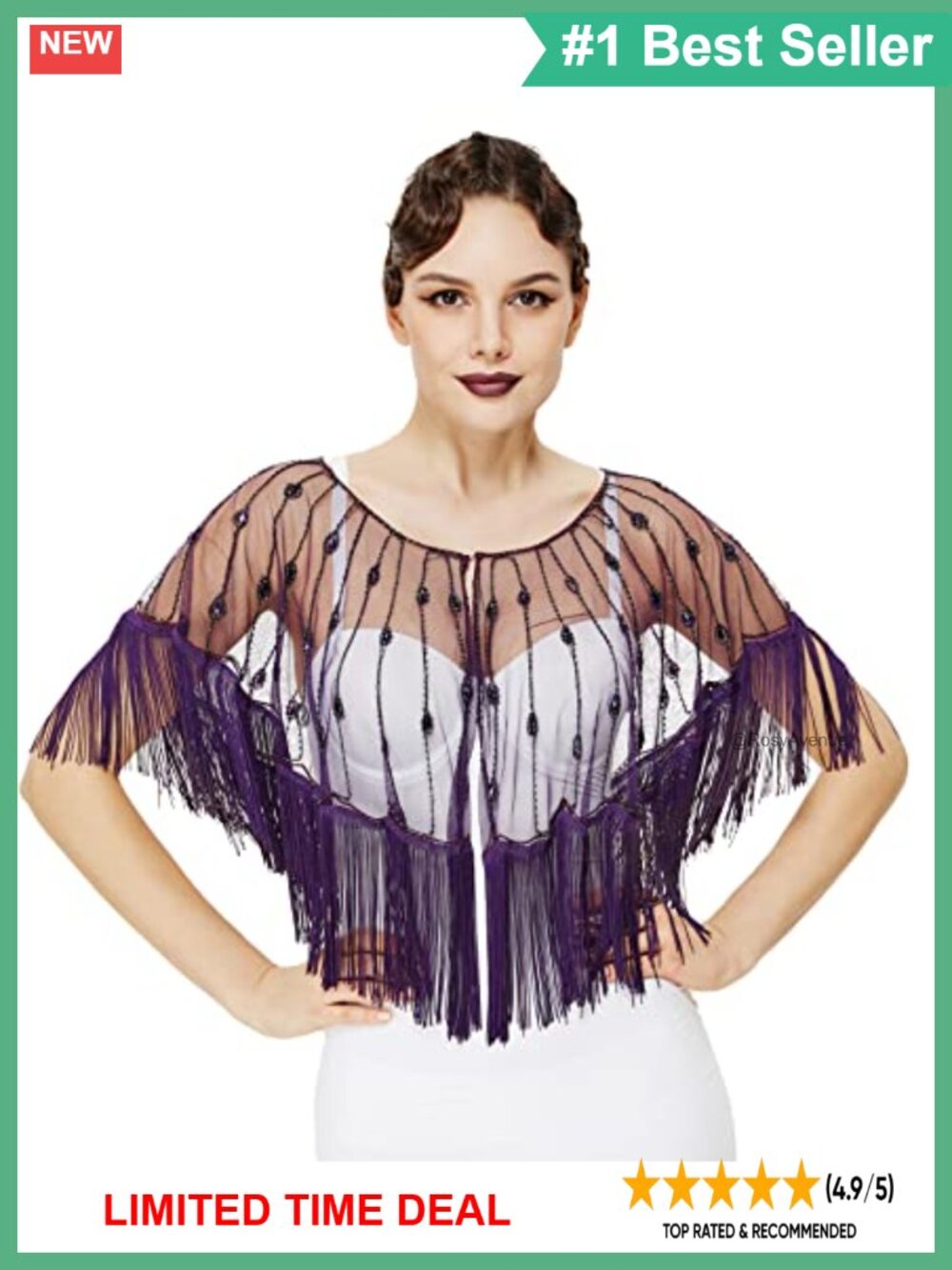 Sequin Beaded Fringe Shawl Wrap 1920s Evening Cape Party Cover Up